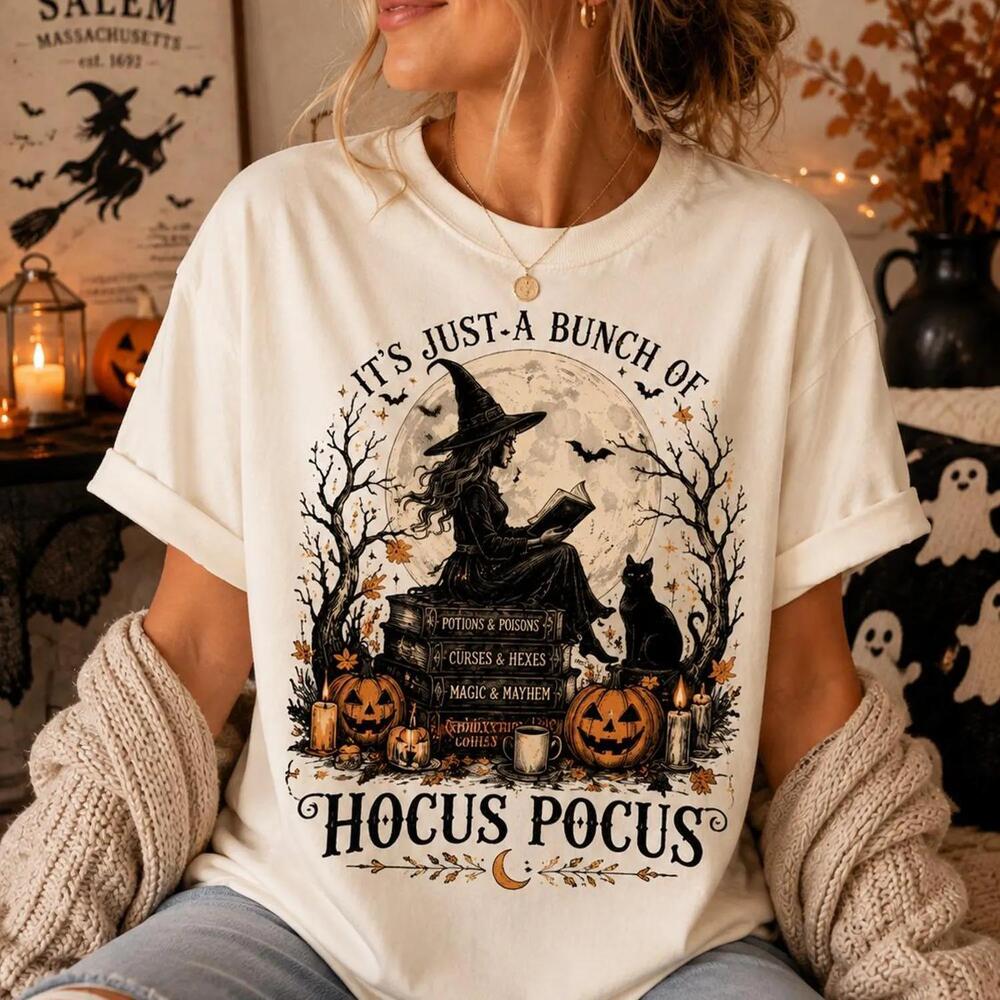 Witch Halloween Shirt, Witch Reading Book Tee, Black Cat Pumpkin Shirt